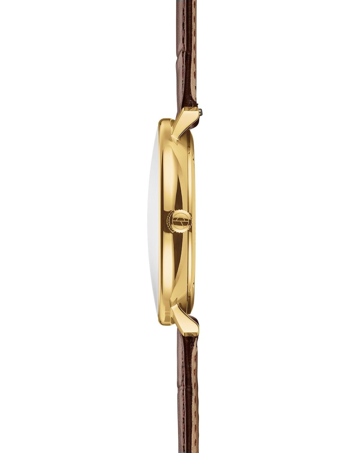 Elegante Herrenuhr Hamburg Quarz Saphirglas Datumsanzeige Dunkelblau Goldfarben Lederarmband - Sternglas Modell: S01-HH07-HE01