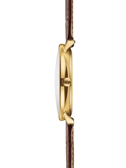 Elegante Herrenuhr Hamburg Quarz Saphirglas Datumsanzeige Dunkelblau Goldfarben Lederarmband - Sternglas Modell: S01-HH07-HE01