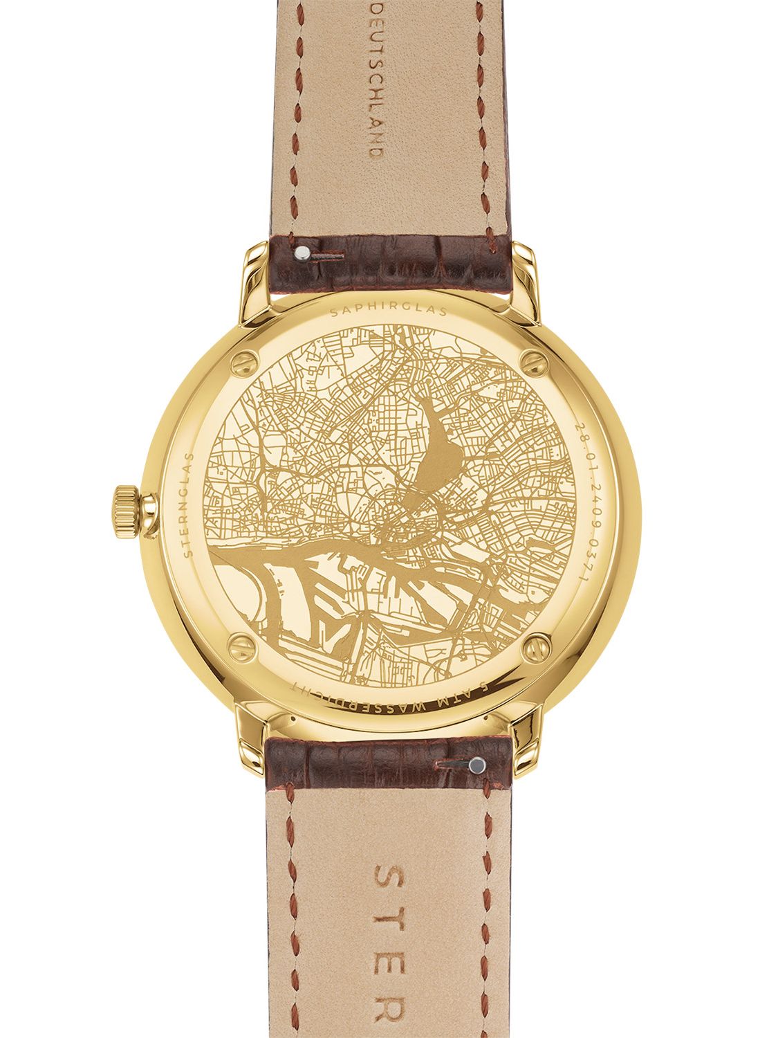 Elegante Herrenuhr Hamburg Quarz Saphirglas Datumsanzeige Dunkelblau Goldfarben Lederarmband - Sternglas Modell: S01-HH07-HE01