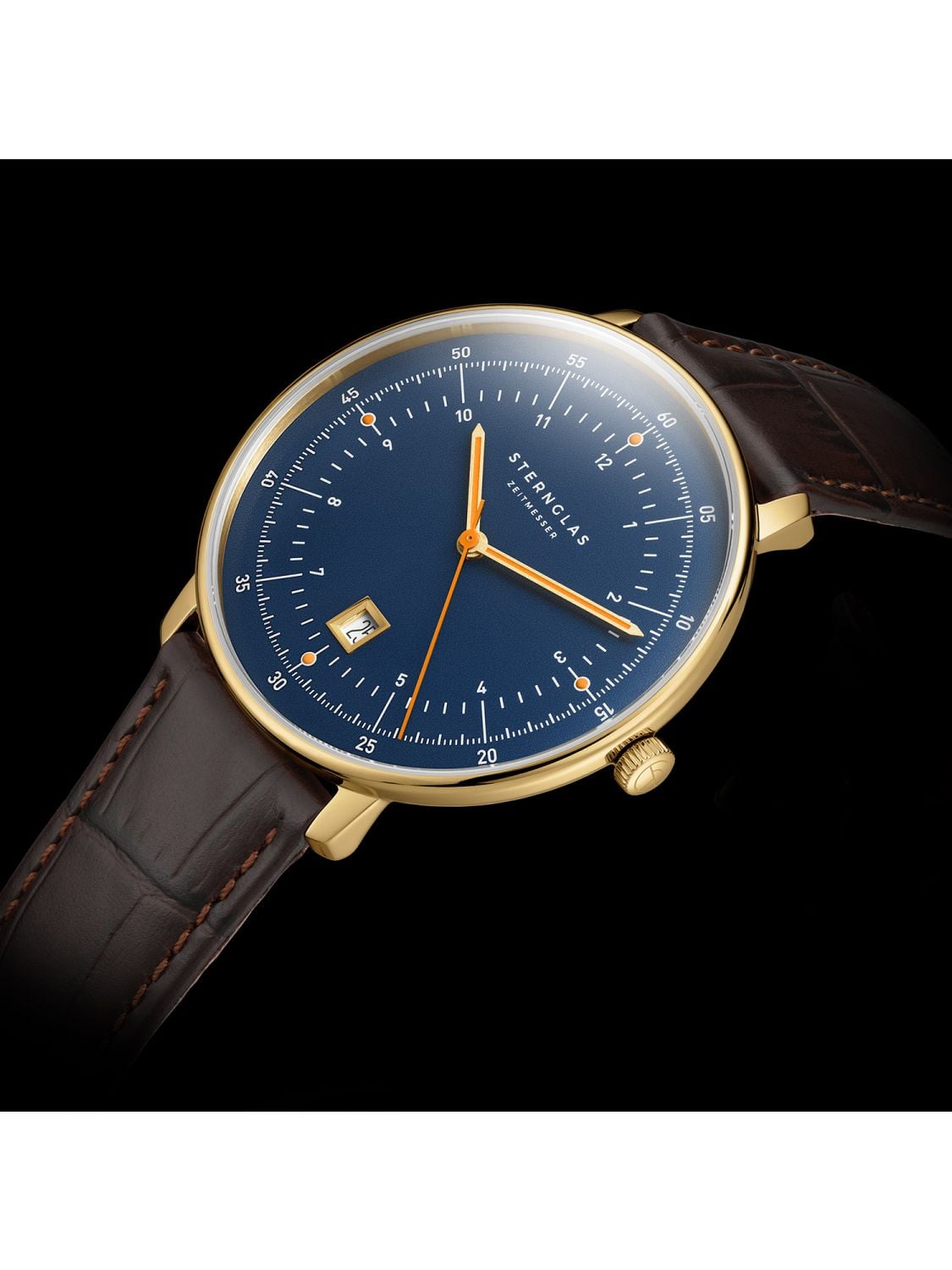 Elegante Herrenuhr Hamburg Quarz Saphirglas Datumsanzeige Dunkelblau Goldfarben Lederarmband - Sternglas Modell: S01-HH07-HE01