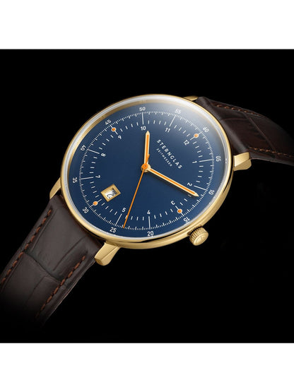 Elegante Herrenuhr Hamburg Quarz Saphirglas Datumsanzeige Dunkelblau Goldfarben Lederarmband - Sternglas Modell: S01-HH07-HE01