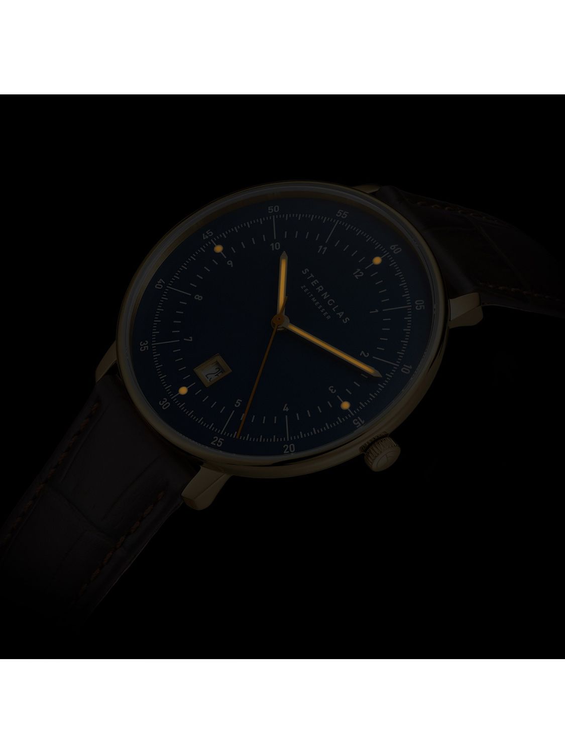 Elegante Herrenuhr Hamburg Quarz Saphirglas Datumsanzeige Dunkelblau Goldfarben Lederarmband - Sternglas Modell: S01-HH07-HE01