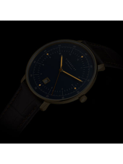 Elegante Herrenuhr Hamburg Quarz Saphirglas Datumsanzeige Dunkelblau Goldfarben Lederarmband - Sternglas Modell: S01-HH07-HE01