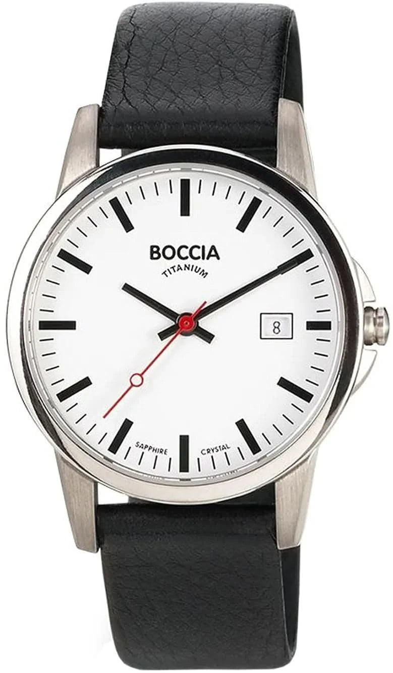 Herrenarmbanduhr mit rundem weißem Zifferblatt, dunklem Lederband und Boccia-Titaniumgehäuse
