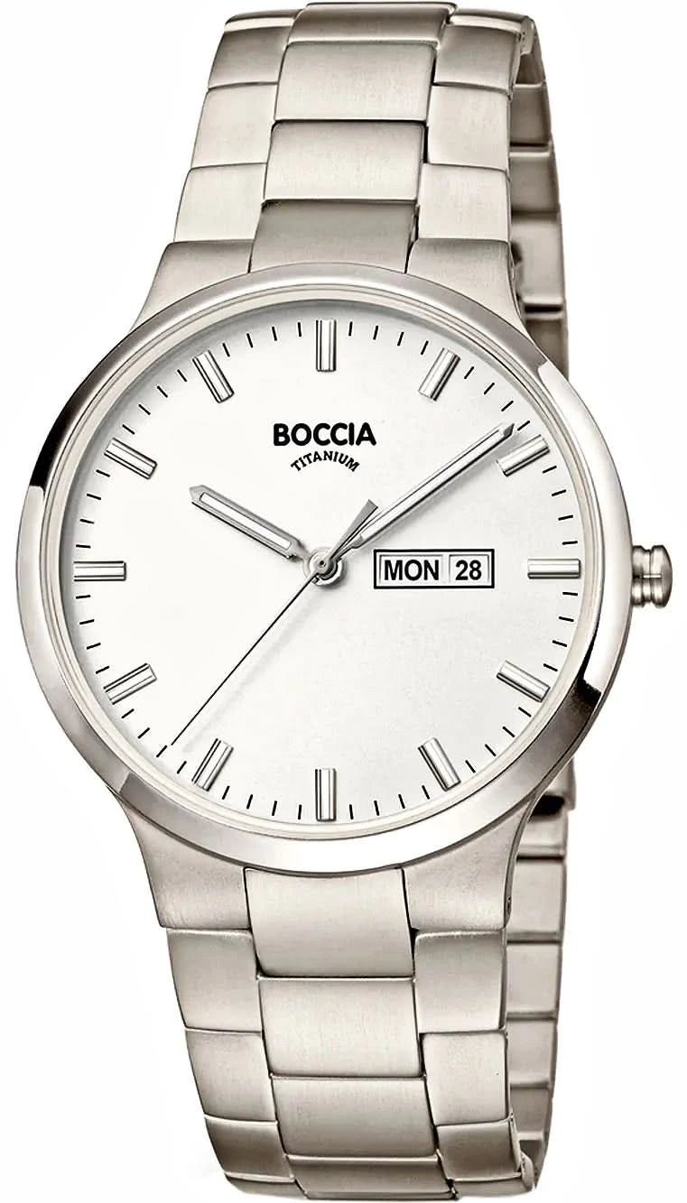 Boccia Titan-Herrenarmbanduhr: silbernes Edelstahlband, rundes Gehäuse, weißes Zifferblatt mit Datum