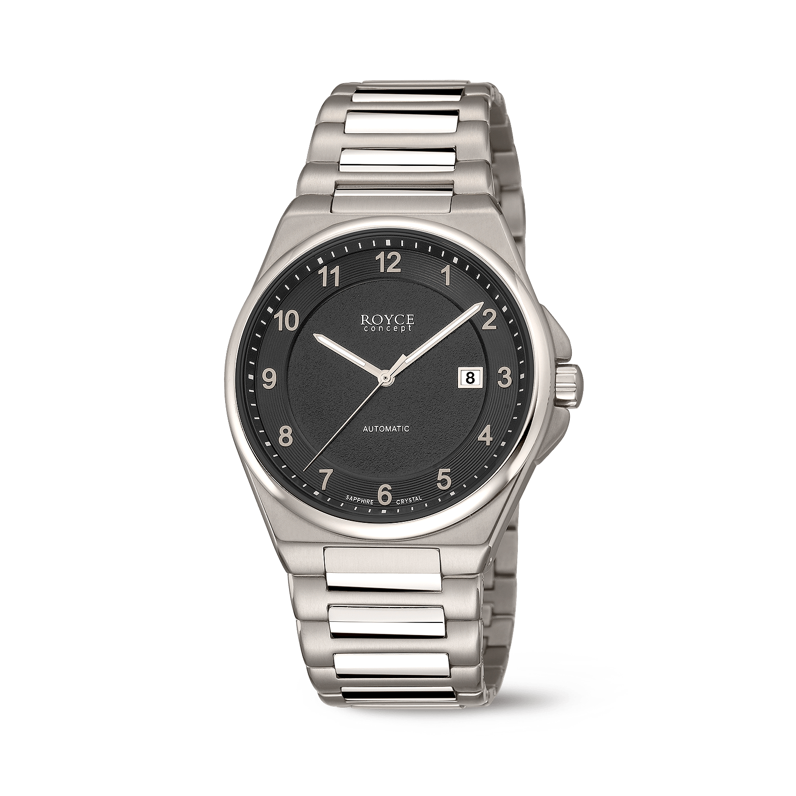 Herrenuhr mit Metallband, schwarzem Zifferblatt und Datumsfenster bei 8