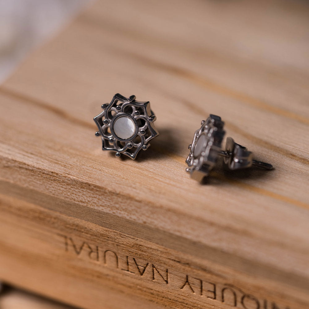 Composition Ohrringe mit weissem Perlmutt Holzkern Modell Jewelry