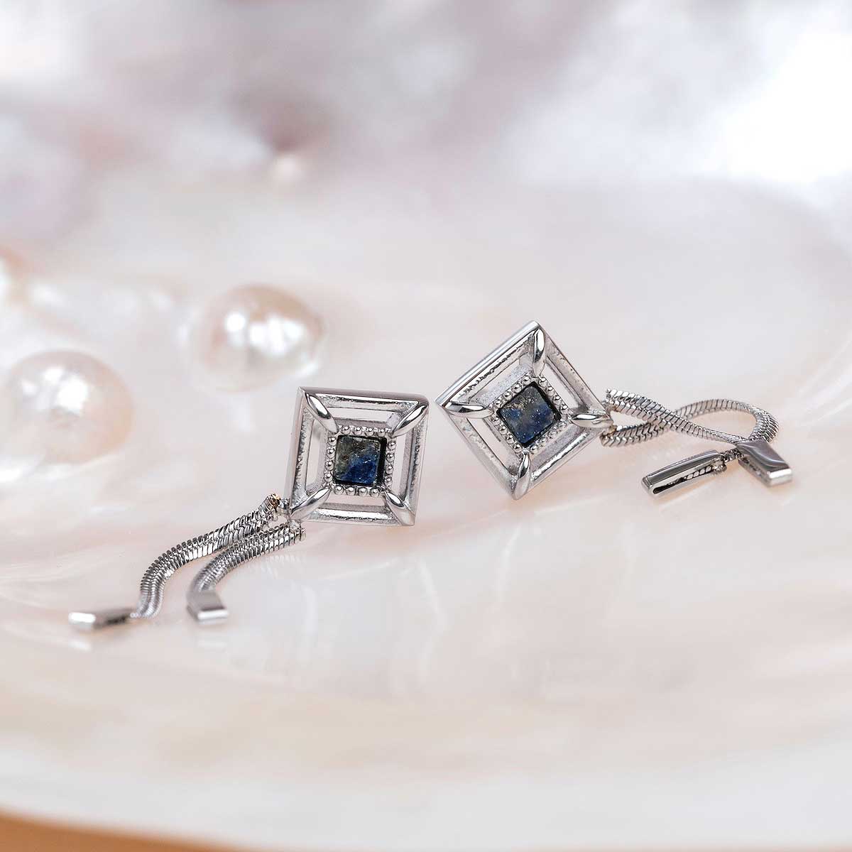 Awakening Ohrringe (Lapislazuli/Silber) Ohrstecker mit Ketten Anhänger - Holzkern Modell: Jewelry