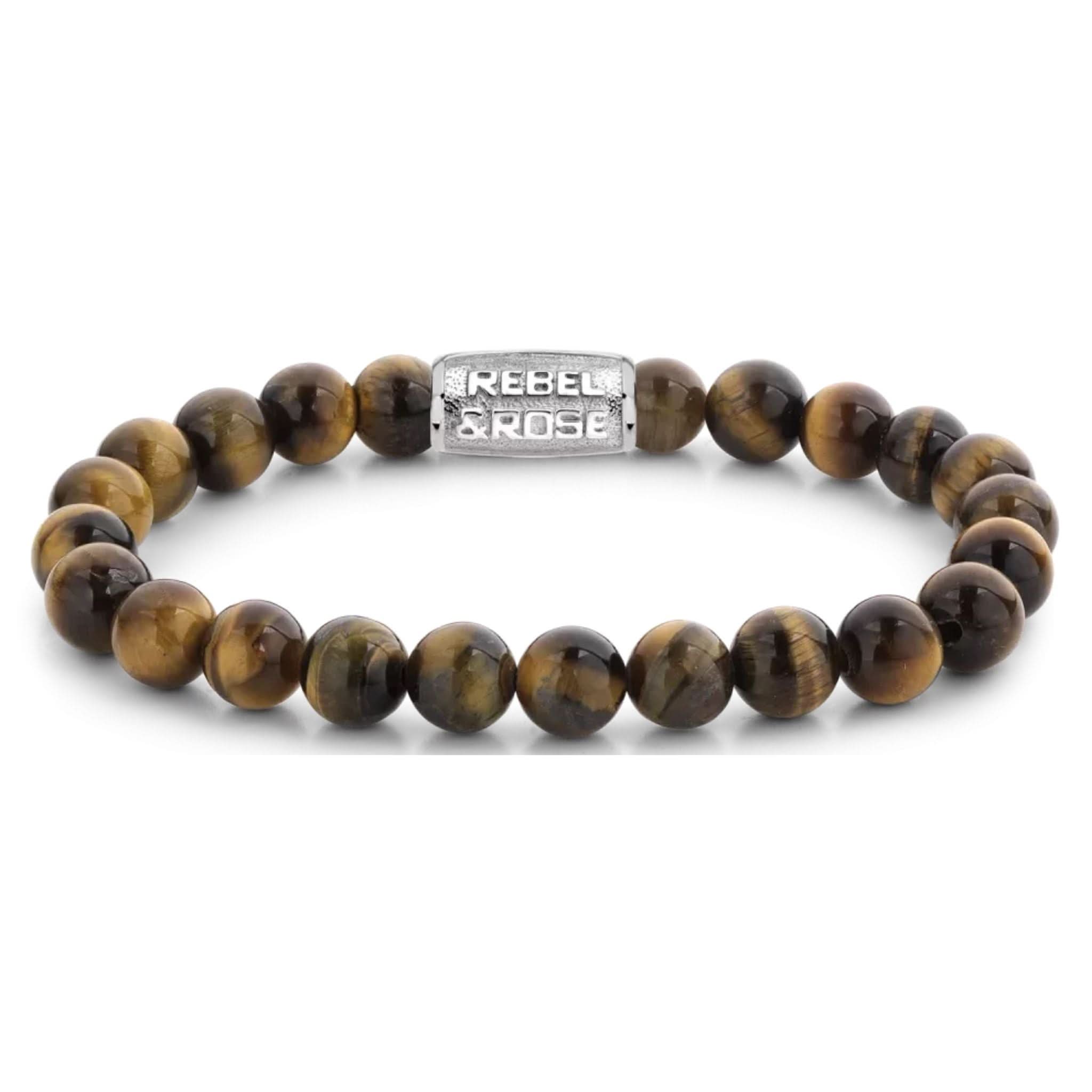Armband aus 8mm großen Tigerauge-Steinen mit Edelstahlverschluss - Rebel&Rose Modell: RR-80042-S-L