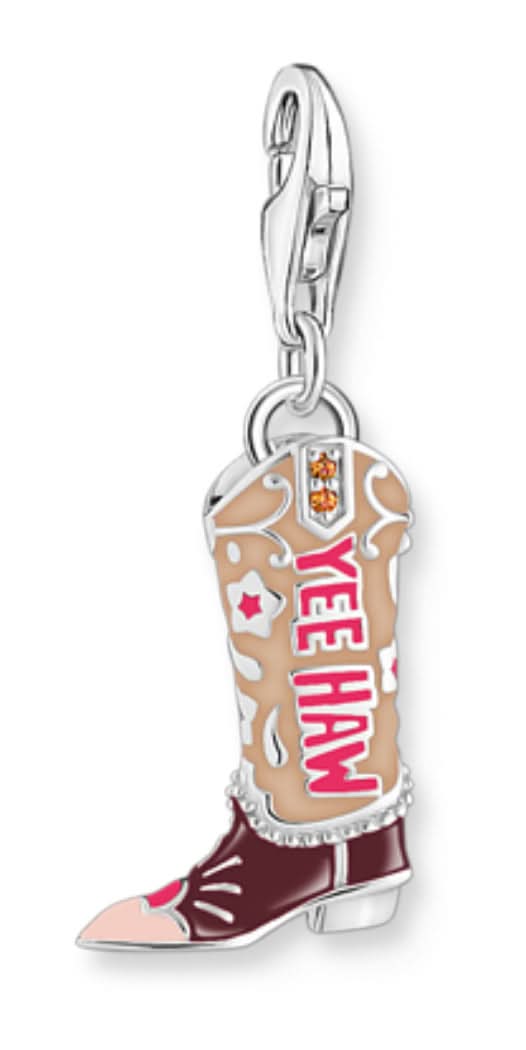 Silberner Charm-Anhänger mit Cowboy-Stiefel aus Emaille, Kettenöse und farbigen Details