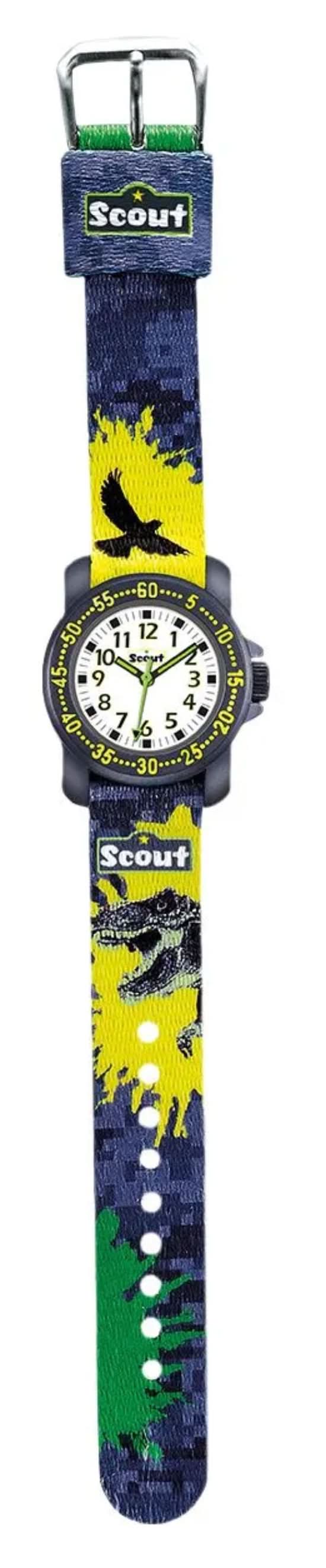 Scout Jungen-Armbanduhr mit rundem Zifferblatt und blau-gelbem Armband, Lernziffern.