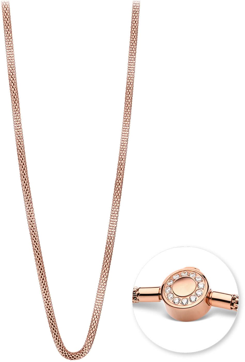 Halskette aus Edelstahl mit feiner Gliederkette und rundem Roségold-Anhänger mit Steinen