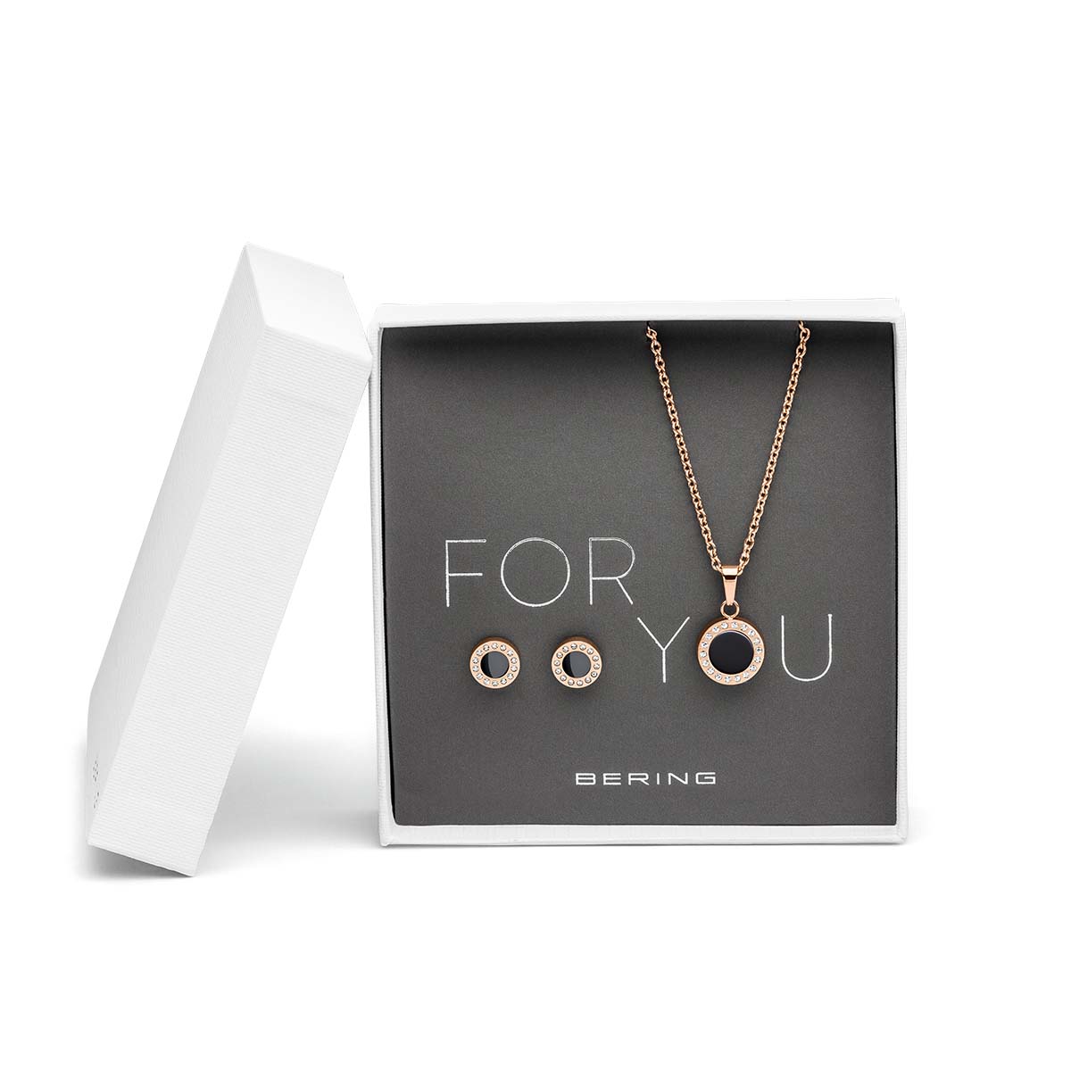 Schmuckset: Halskette und Ohrstecker, roségoldfarben, schwarze Anhänger-Elemente