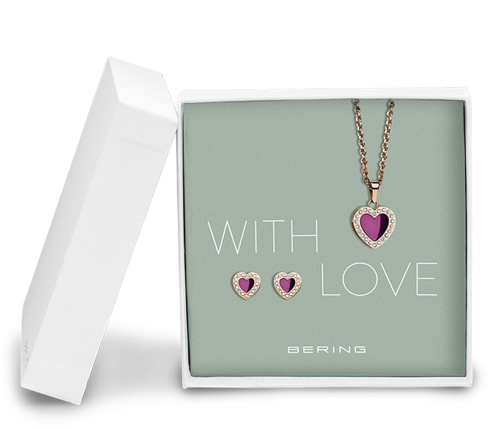 Halskette mit Herz Anhänger und Herz Ohrringe - Bering Jewelry Modell: 428-712-Purple