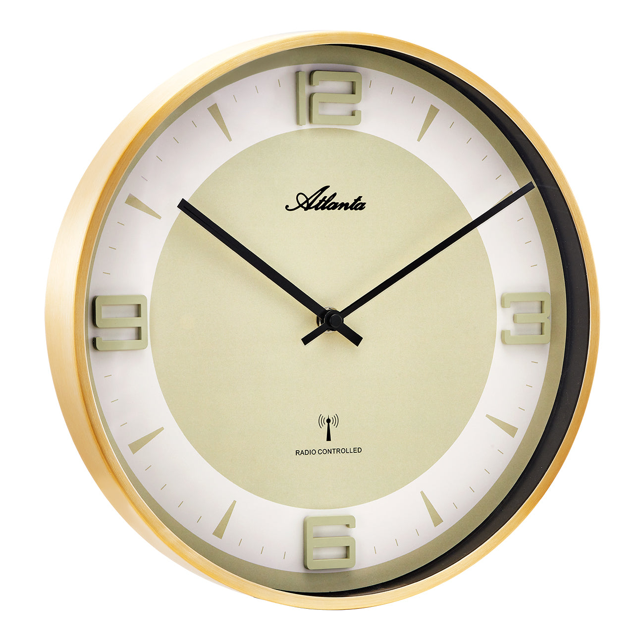Wanduhr mit rundem goldfarbenem Metallgehäuse, weißem Zifferblatt und schwarzen Zeigern