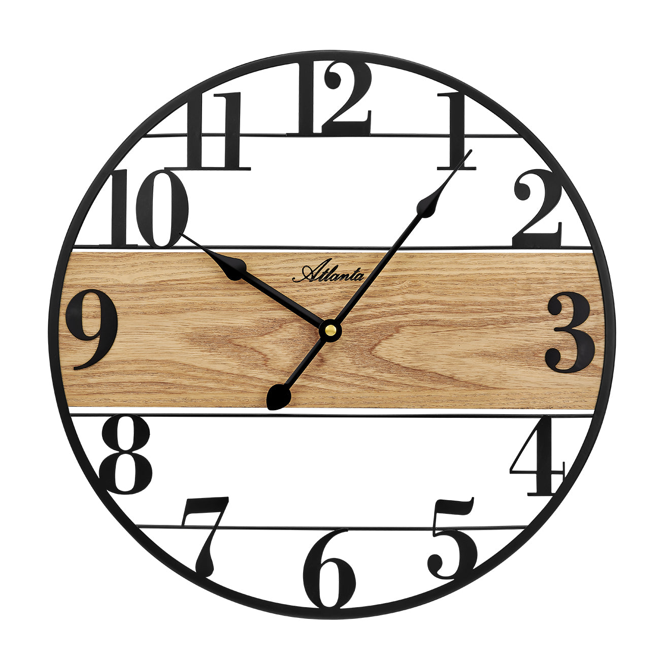 Runde Wanduhr, schwarzer Rahmen, Holzdekor-Ziffernblatt, arabische Ziffern