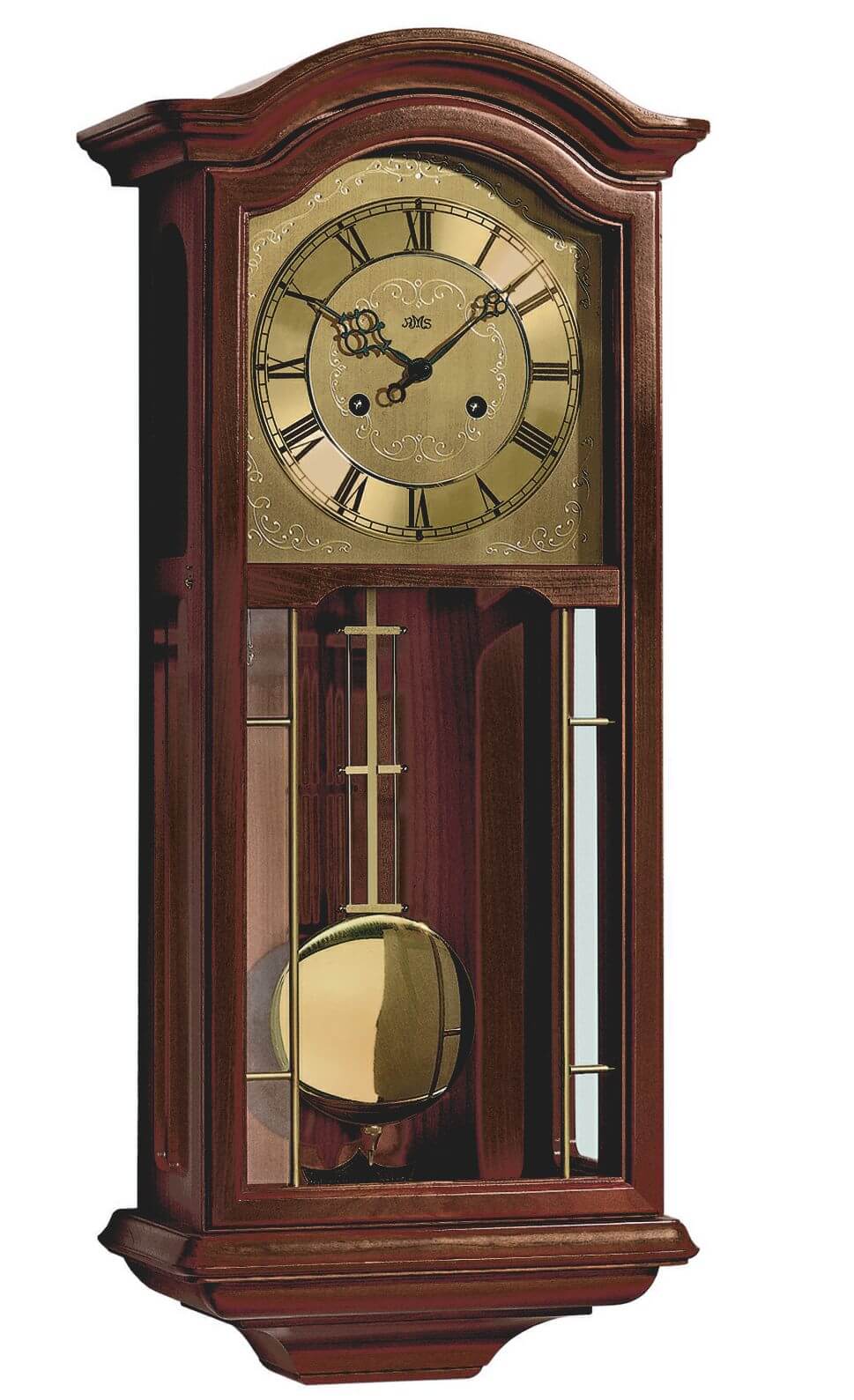 Nussbaumfarbene Wanduhr mit Holzgehäuse und offenem Pendel, römischem Zifferblatt