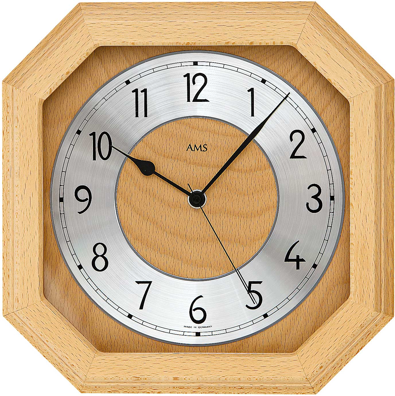 AMS Wanduhr 26x26x5 cm Holz • Funkgesteuert • Edles Buchenholzdesign