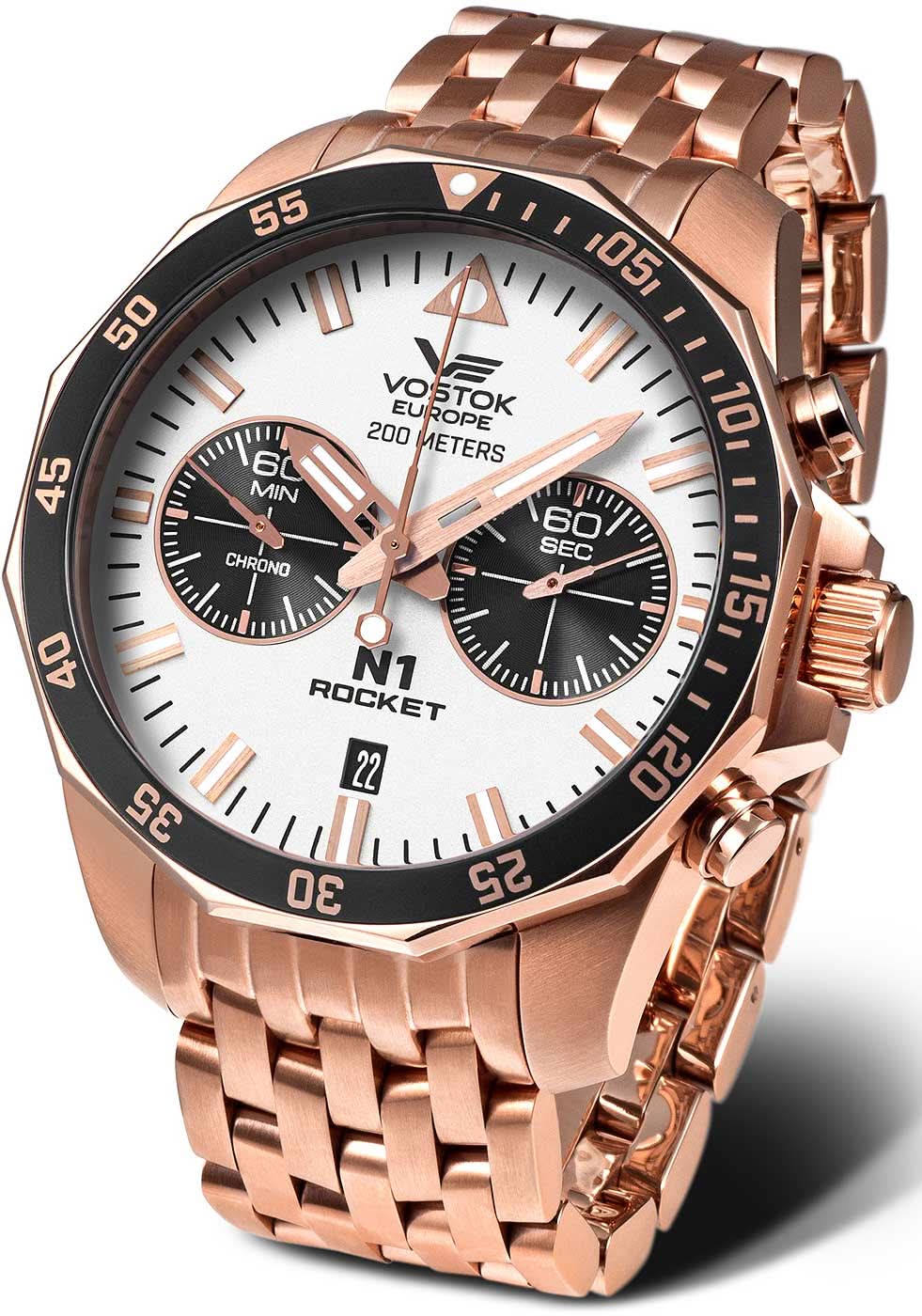 Chronographen-Herrenuhr mit roségoldenem Edelstahlarmband und schwarzem Zifferblatt