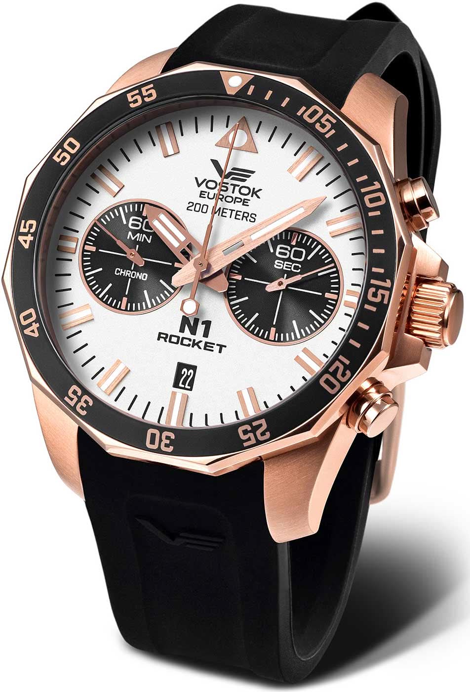 Herrenuhr: schwarzes Silikonarmband, roségoldene Lünette, Chronograph-Zifferblatt