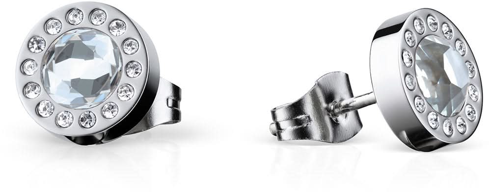 Silberfarbene Ohrstecker mit rundem Stein, von kleinen Steinchen umkränzt
