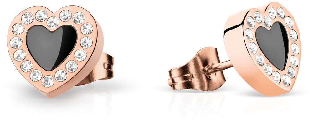 Herzförmige Ohrstecker aus Edelstahl mit schwarzem Herz und roségoldener Fassung, funkelnden Steinen