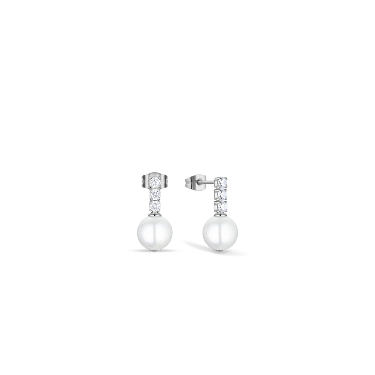 Silberne Ohrstecker mit Zirkonia-Stegen und weißen Perlenkugeln