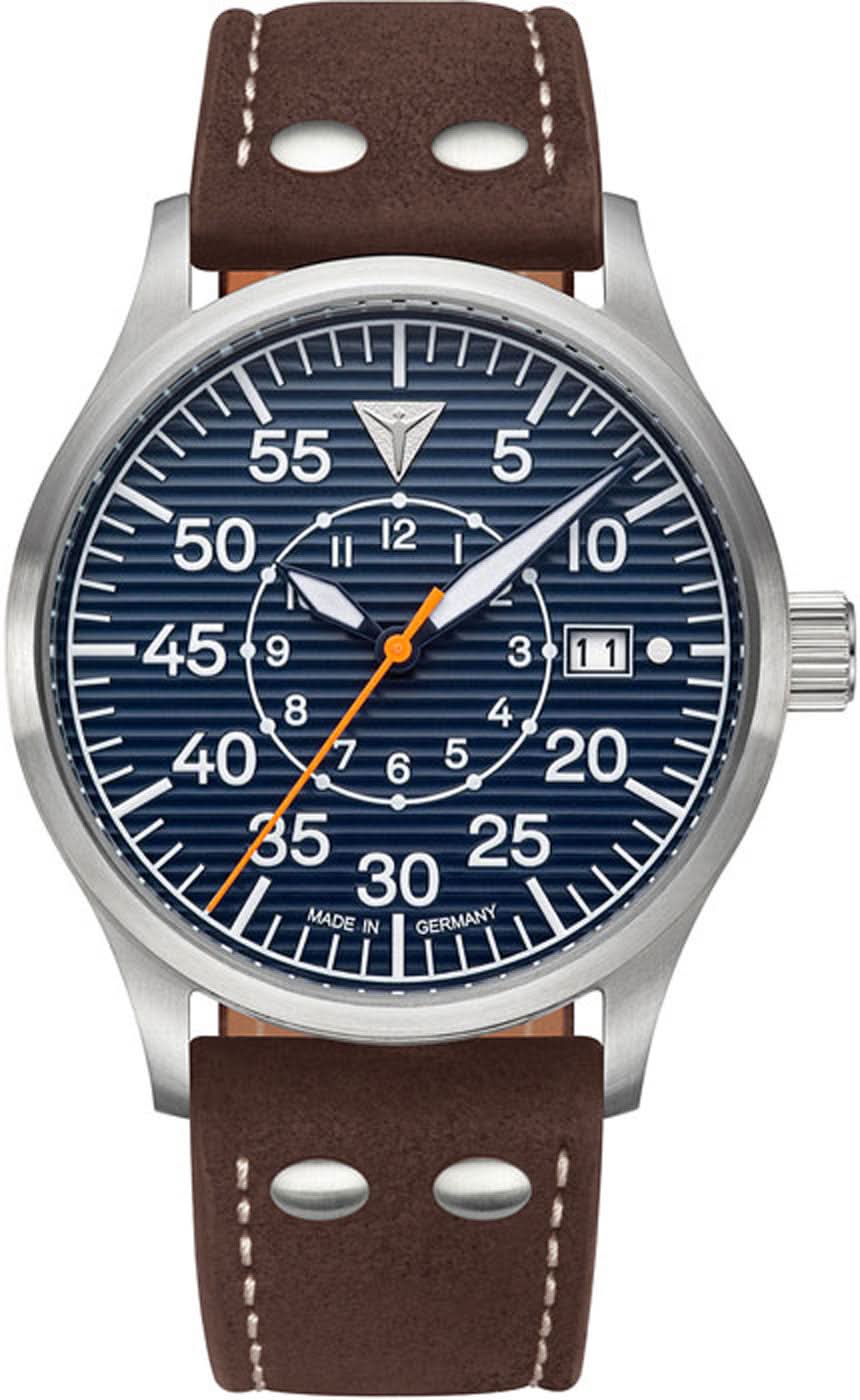 Herrenuhr mit blauem Zifferblatt, braunem Lederarmband und silbernem Edelstahlgehäuse