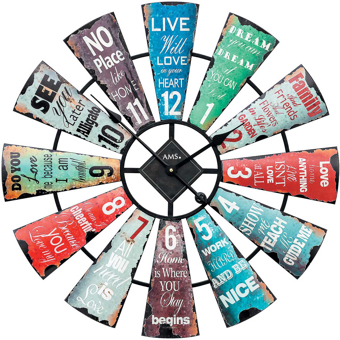 AMS Wanduhr 70x70x5 cm Metall • Leises Quarzwerk • Farbenfrohes Design