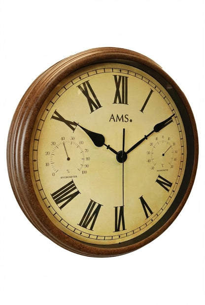 AMS Wanduhr 42 cm Ø Metall • Wetterfest • Mit Thermometer & Hygrometer