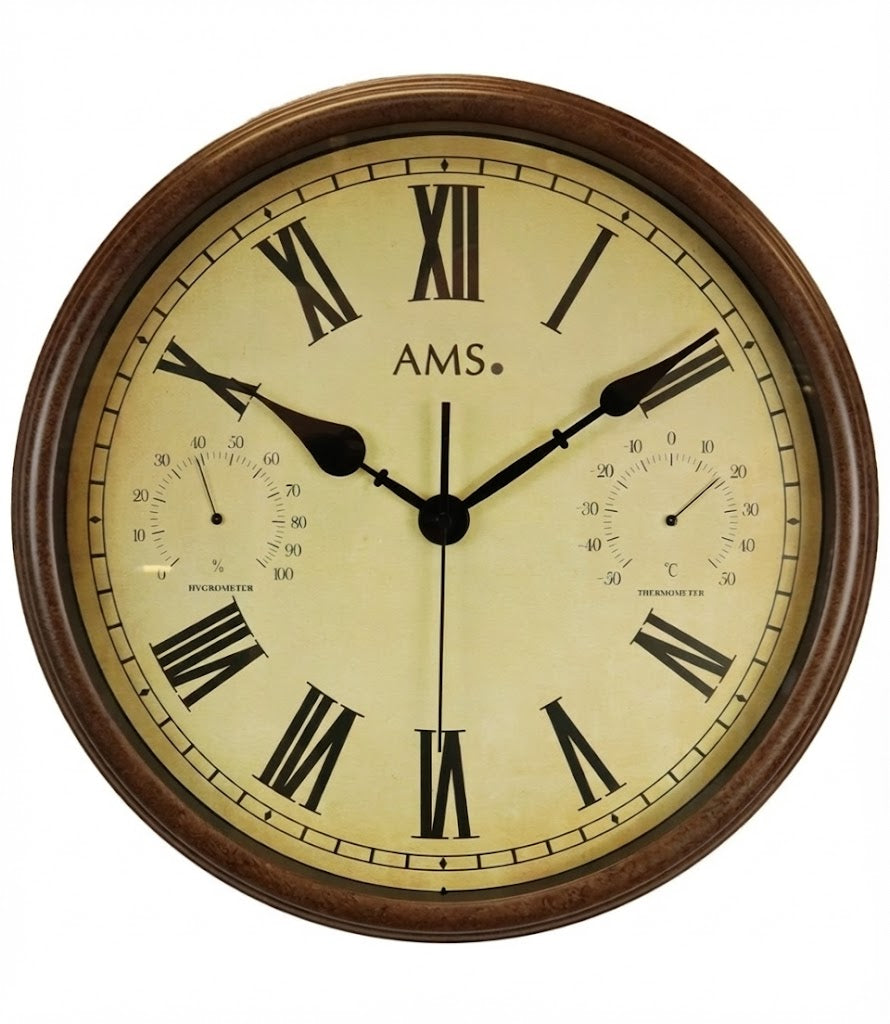 AMS Wanduhr 42 cm Ø Metall • Wetterfest • Mit Thermometer & Hygrometer