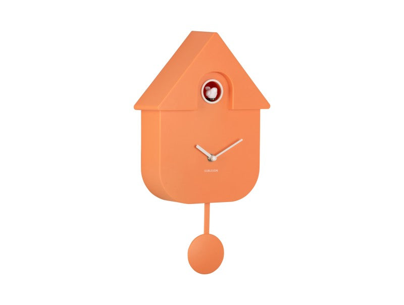 Wanduhr im orangefarbenen Vogelhäuschen-Design mit Pendelgewicht