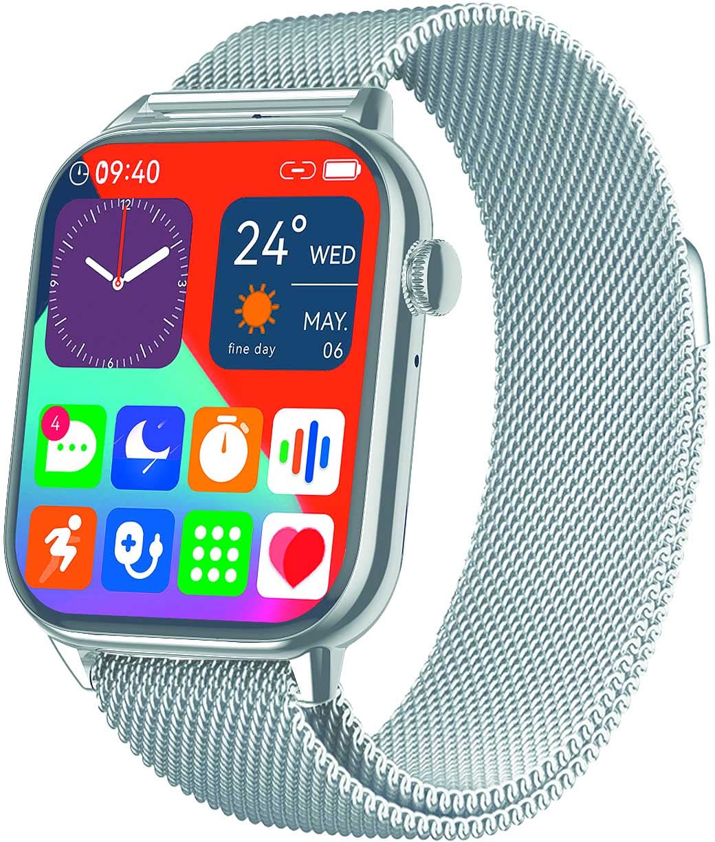 Smartwatch mit Metallgeflecht-Armband und quadratischem Display mit App-Icons