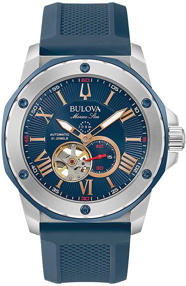 Bulova Marine Star 98A282 Herren Uhr • Automatik Uhrwerk • Open-Heart Design