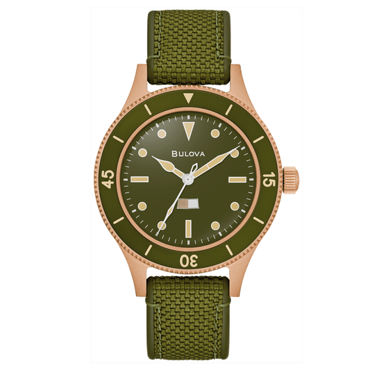 Bulova Herrenuhr Modell 98A324 mit gruenem Armband Zifferblatt Luenet