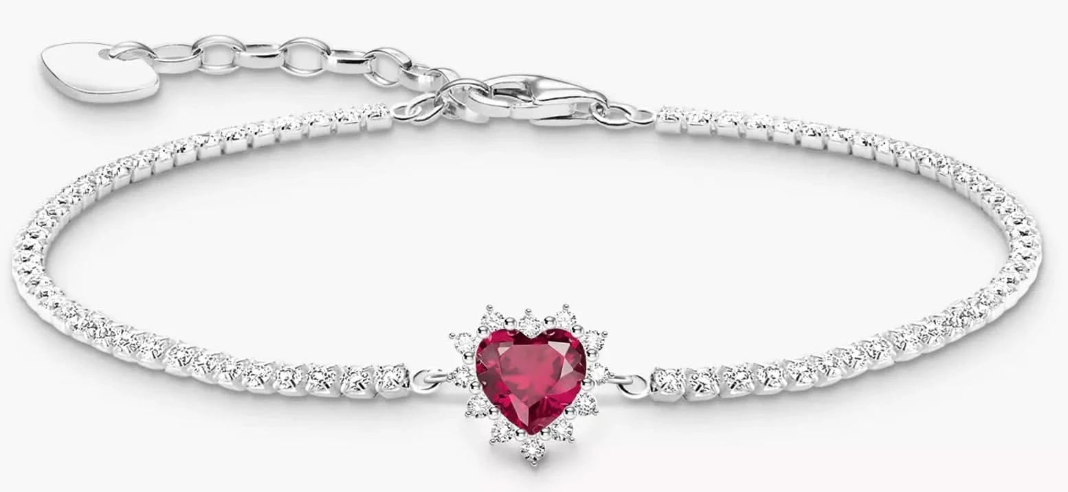 Silbernes Herz-Armband mit pinkem Stein im Herzanhänger und Zirkonia-Gliederung