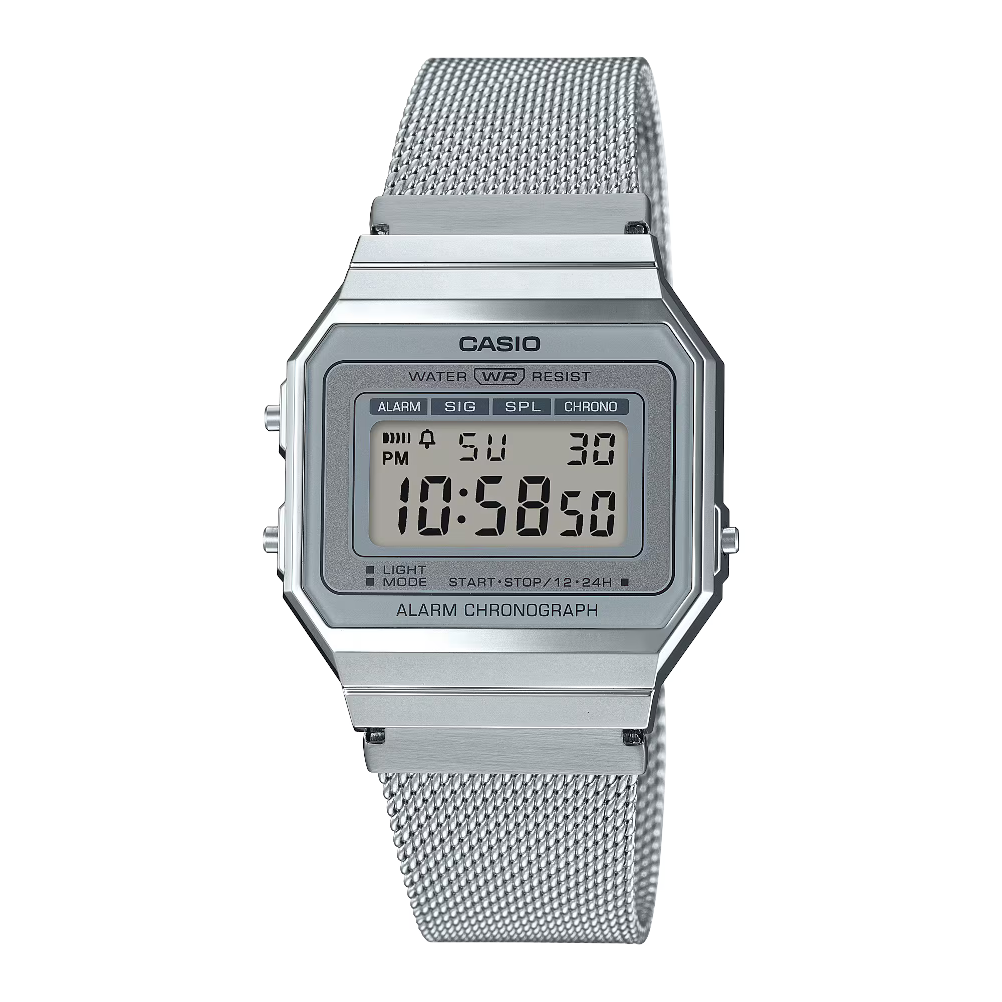 Casio Vintage-Uhr mit silbernem Metallarmband und digitalem LCD-Display