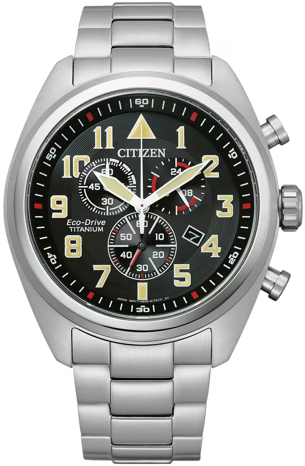 Citizen Herrenuhr mit silbernem Gehäuse, schwarzem Zifferblatt, goldenen Indexen und Chrono-Subdials