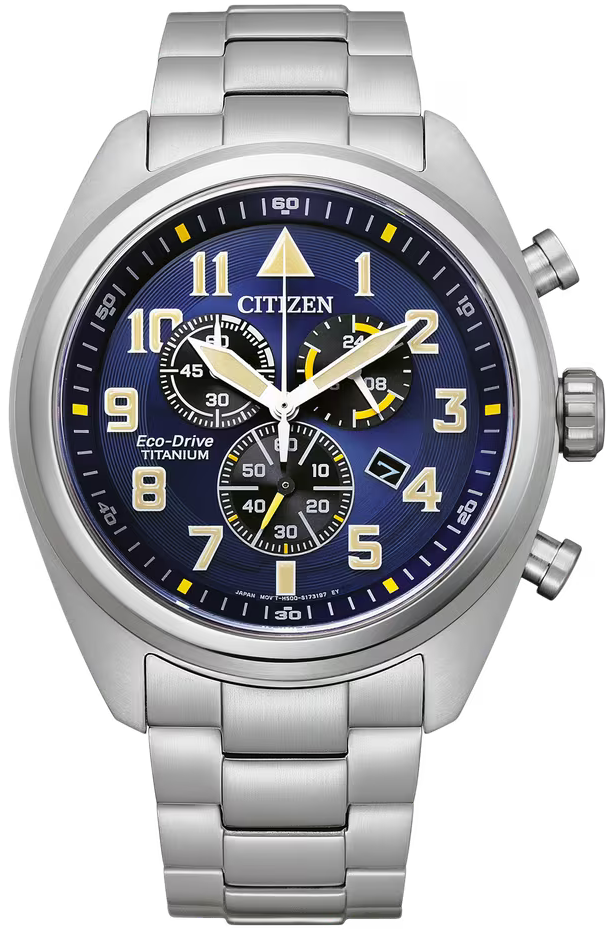 Citizen Herrenuhr mit Super Titanium Armband, rundem blauem Zifferblatt, Chronograph.