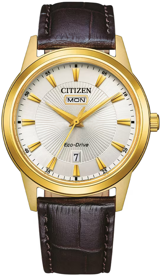 Citizen Herren SolarUhr mit goldfarbenem Gehäuse, weißem Zifferblatt und braunem Lederarmband