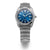 Herrenuhr mit rundem silbernem Gehäuse, blauem Zifferblatt und Gliederarmband