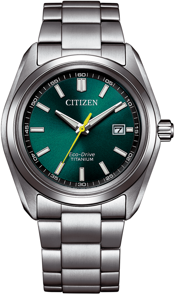 Herrenuhr: tealfarbenes Zifferblatt, silbernes Titanarmband, gelbe Zeiger