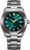 Herrenuhr: tealfarbenes Zifferblatt, silbernes Titanarmband, gelbe Zeiger