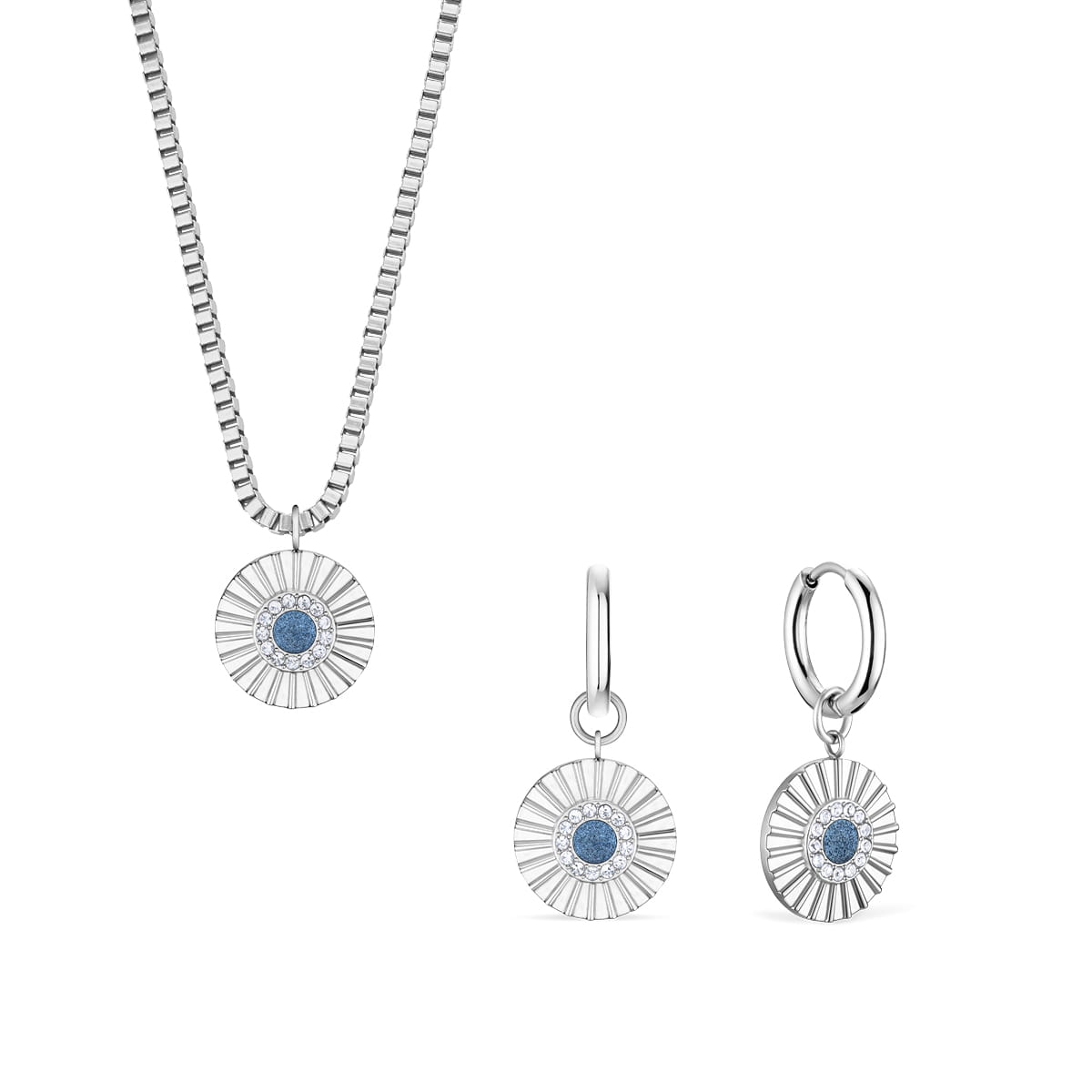 Schmuckset aus Halskette und Ohrringen: runde Sonnenstrahl-Anhänger mit blauem Stein