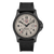 Herrenarmbanduhr mit schwarzem Kunststoffgehäuse und schwarzem Textilarmband, Ziffernblatt mit Datum.