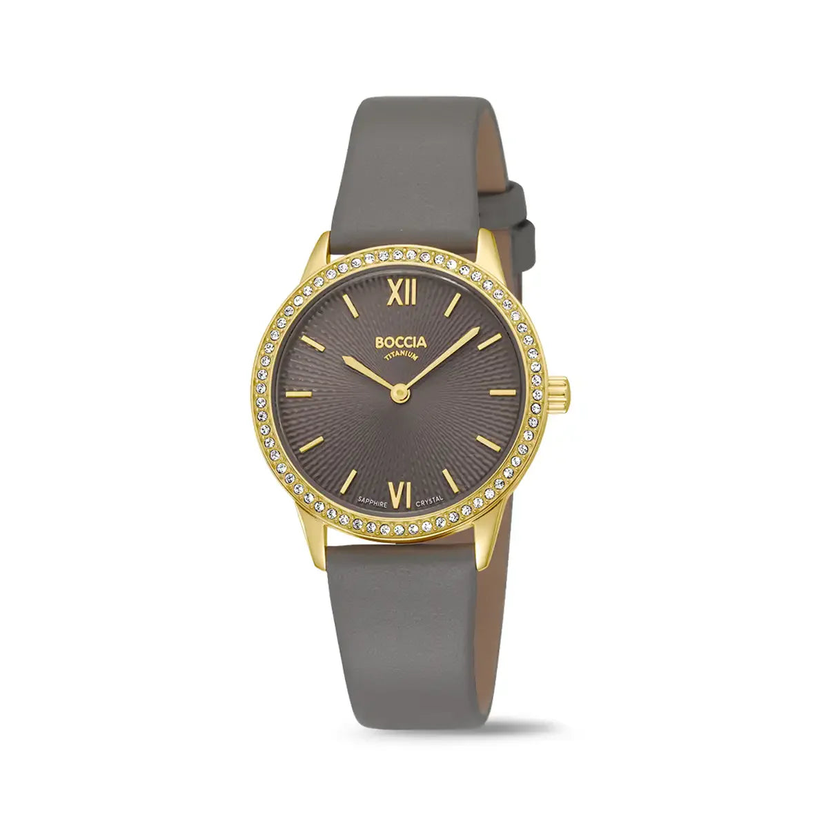 Damenuhr mit rundem goldfarbenem Gehäuse, Strasslünette und grauem Armband, dunkles Zifferblatt