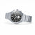 Herrenuhr mit silbernem Metallarmband und schwarzem Zifferblatt, seitliche Ansicht