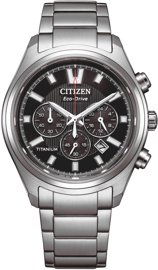 Herrenuhr: silberfarbenes Metallarmband, schwarzes Zifferblatt mit Chrono-Subdials