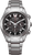 Herrenuhr: silberfarbenes Metallarmband, schwarzes Zifferblatt mit Chrono-Subdials