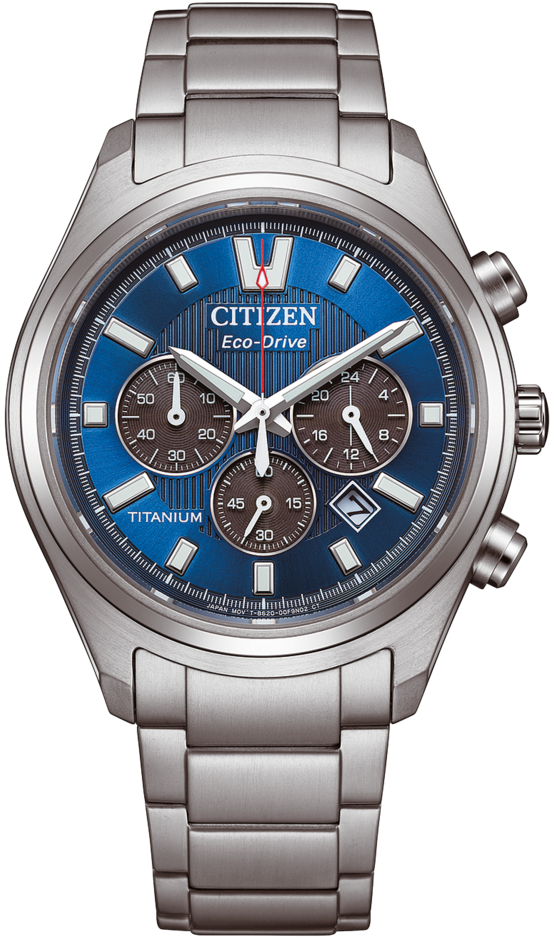 Herrenuhr mit blauem Zifferblatt, Chronographen-Optik und silbernem Titanarmband